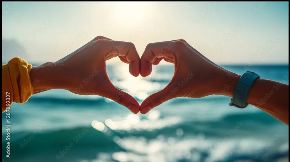 two hands forming a heart over the sea at sunrise