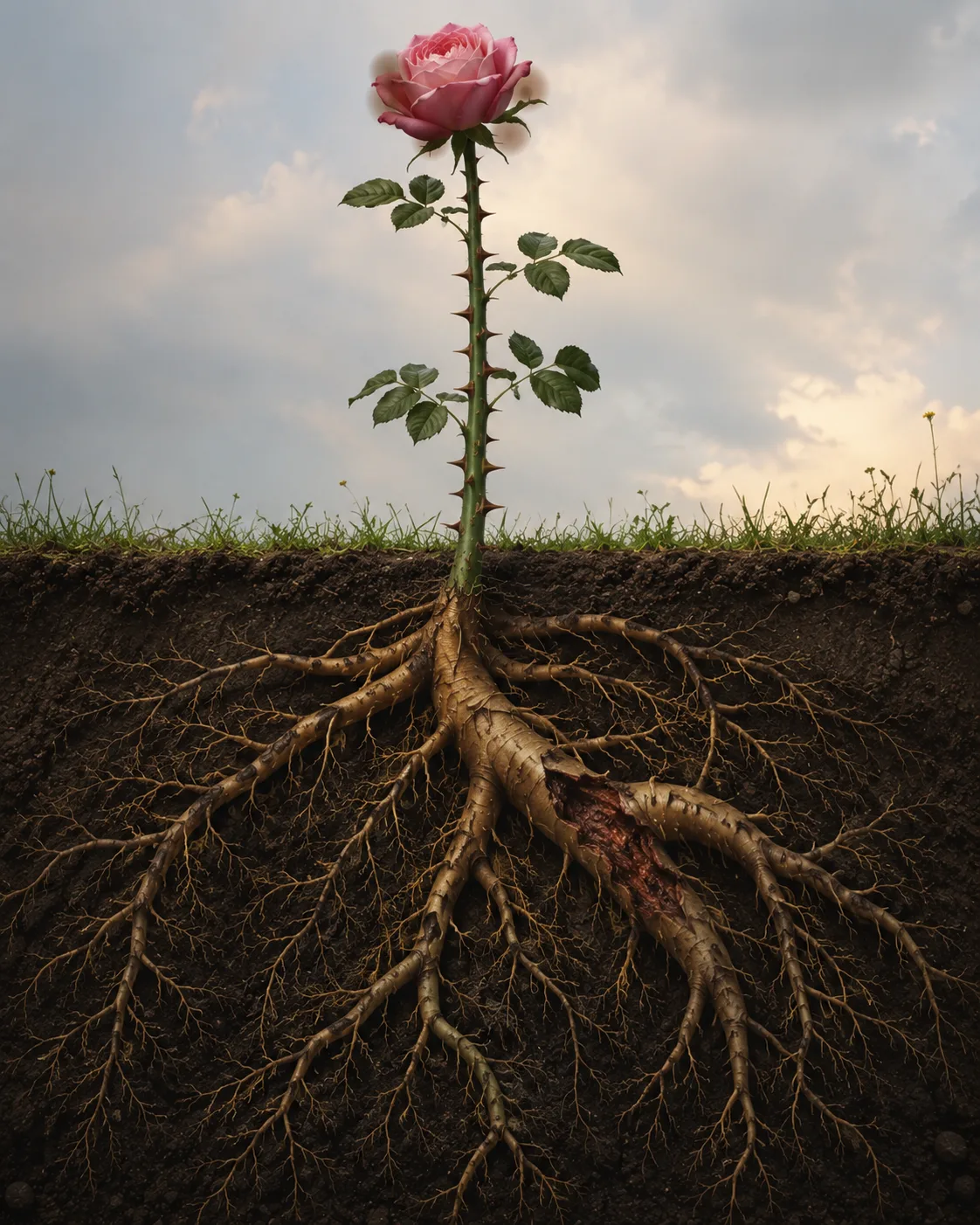 a pink rose above ground with its deep root system exposed below the soil